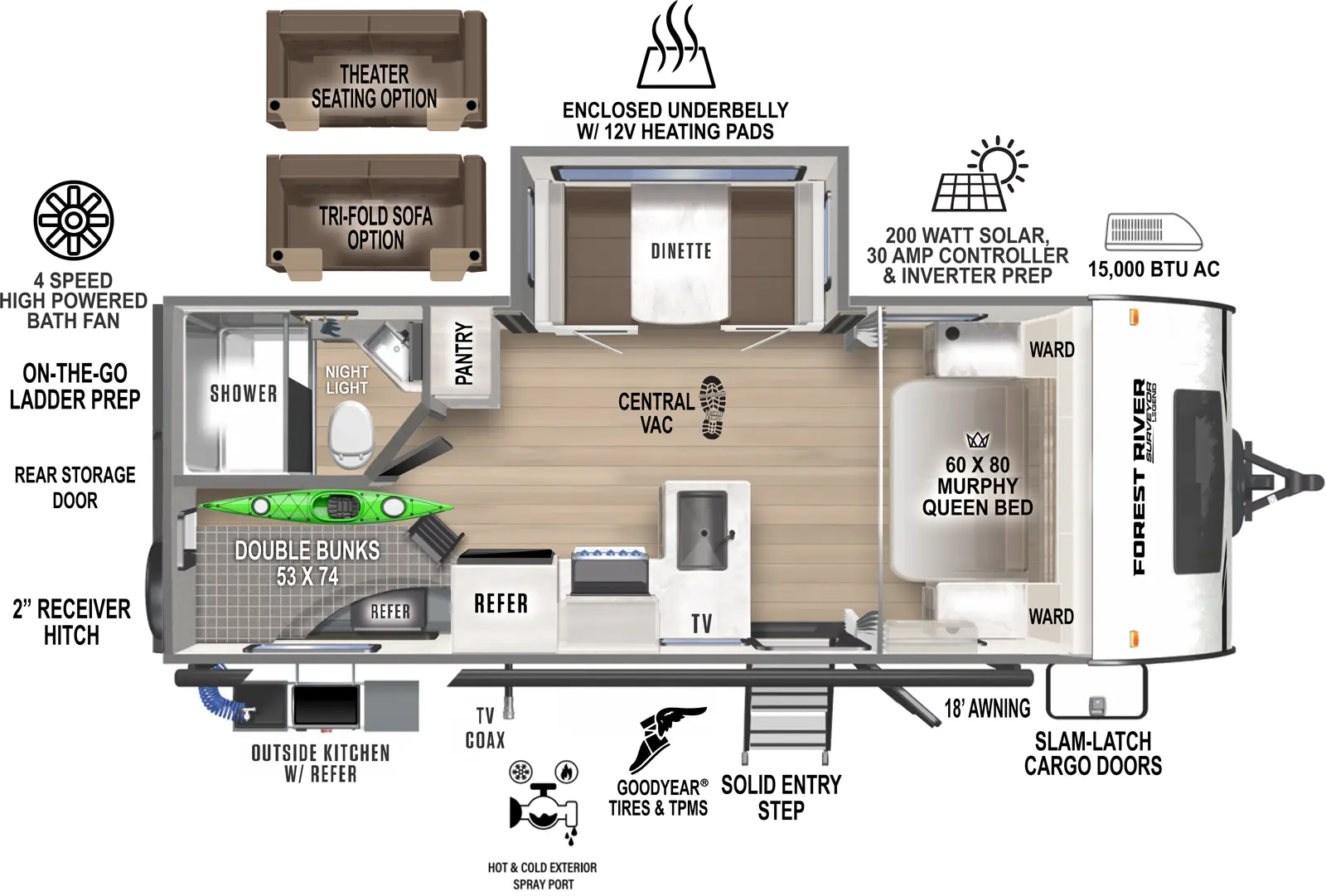 The Surveyor Legend 240BHLE has one entry and one slide out. Exterior features include: fiberglass exterior, 18' awning and outside kitchen. Interiors features include: bunk beds and murphy bed.